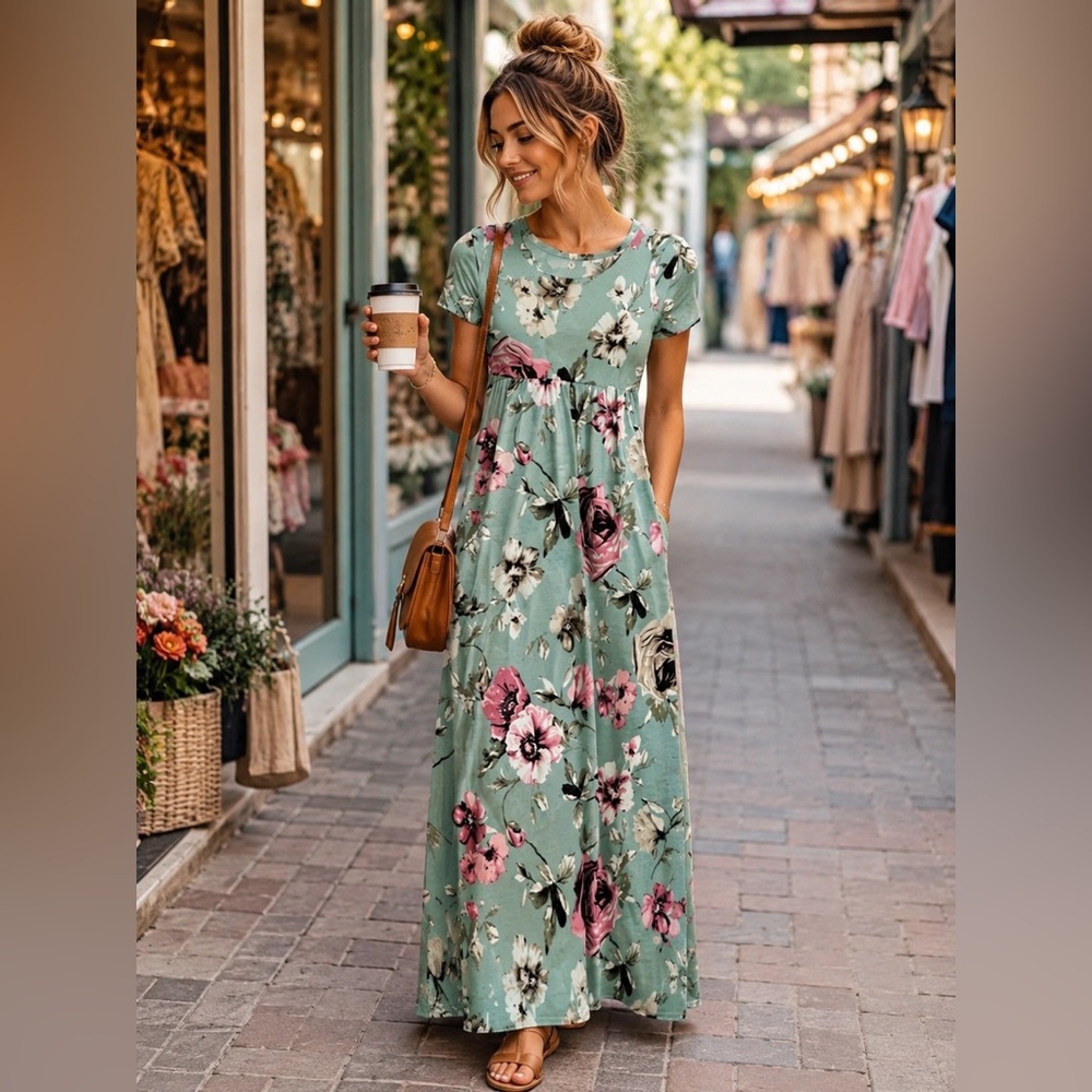 Aqua Floral Maxi Dress with Pink Rose Print